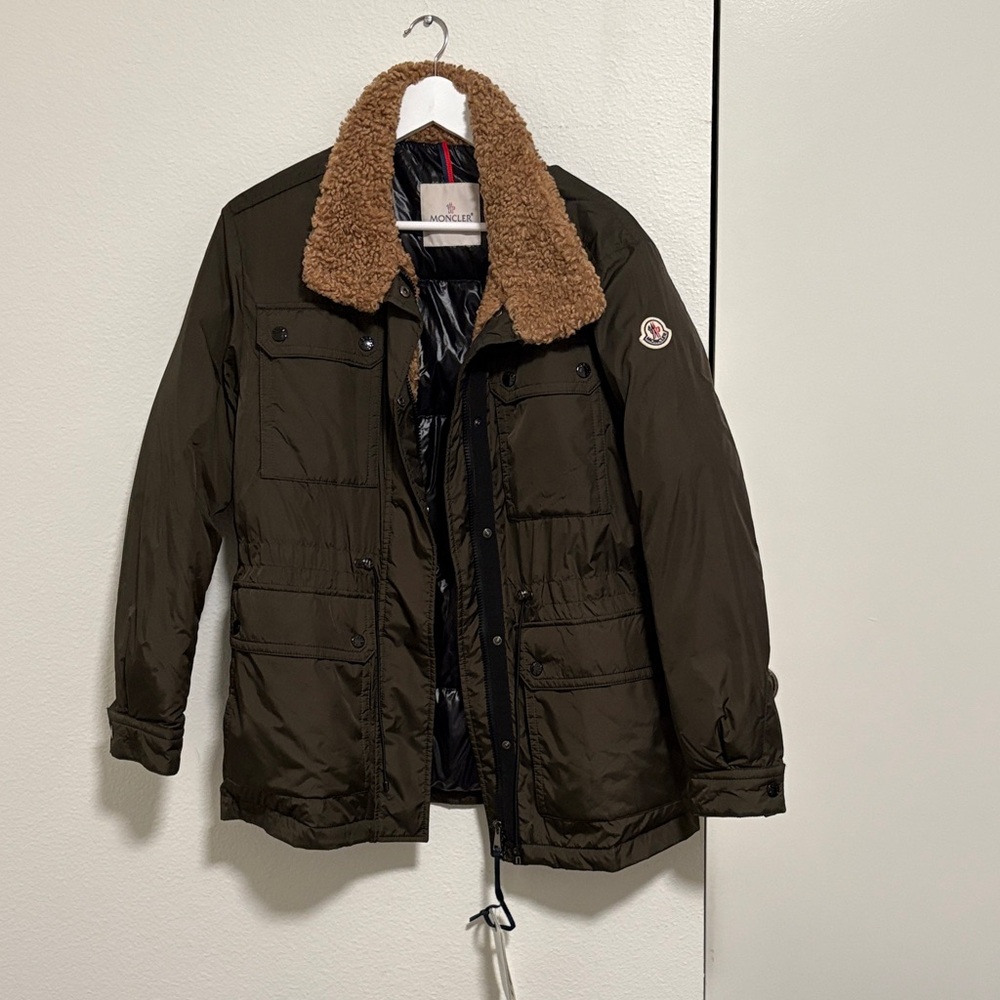 Moncler Women’s Olive Jacket with Shearling Collar and down inside